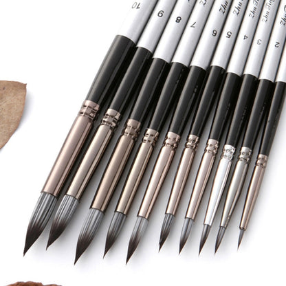 10 In 1 Nylon Hair Watercolor Paint Brush Set Wooden Handle Round Pointed Acrylic Painting Pens(Silver Black) - Art Supplies by PMC Jewellery | Online Shopping South Africa | PMC Jewellery
