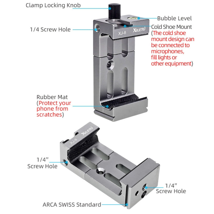 XILETU XJ-8 Aluminum Alloy Camera Head Tripod Mobile Phone Clip(Black) - Other Accessories by XILETU | Online Shopping South Africa | PMC TechLife | Buy Now Pay Later Mobicred