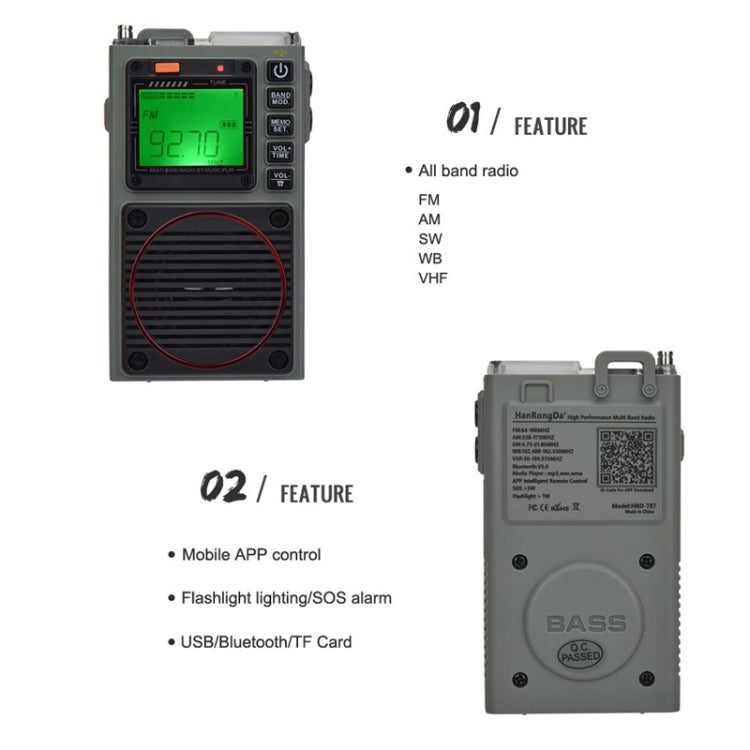 HanRongda HRD-787 High Performance Full Band Portable Bluetooth Card SOS Warning LED Lighting Radio(Green) - Radio Player by HanRongda | Online Shopping South Africa | PMC Jewellery | Buy Now Pay Later Mobicred