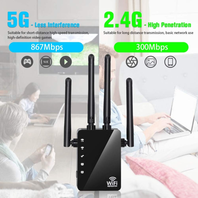 5G/2.4G 1200Mbps WiFi Range Extender WiFi Repeater With 2 Ethernet Ports EU Plug Black - Broadband Amplifiers by PMC TechLife | Online Shopping South Africa | PMC TechLife