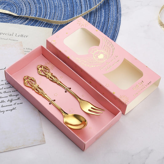 2pcs /Pack Retro Openwork Carved Dessert Spoon Fork Set Engraved Cutlery Gift Box, Style: Pink Box (Gold) - Cutlery Sets by PMC Jewellery | Online Shopping South Africa | PMC Jewellery