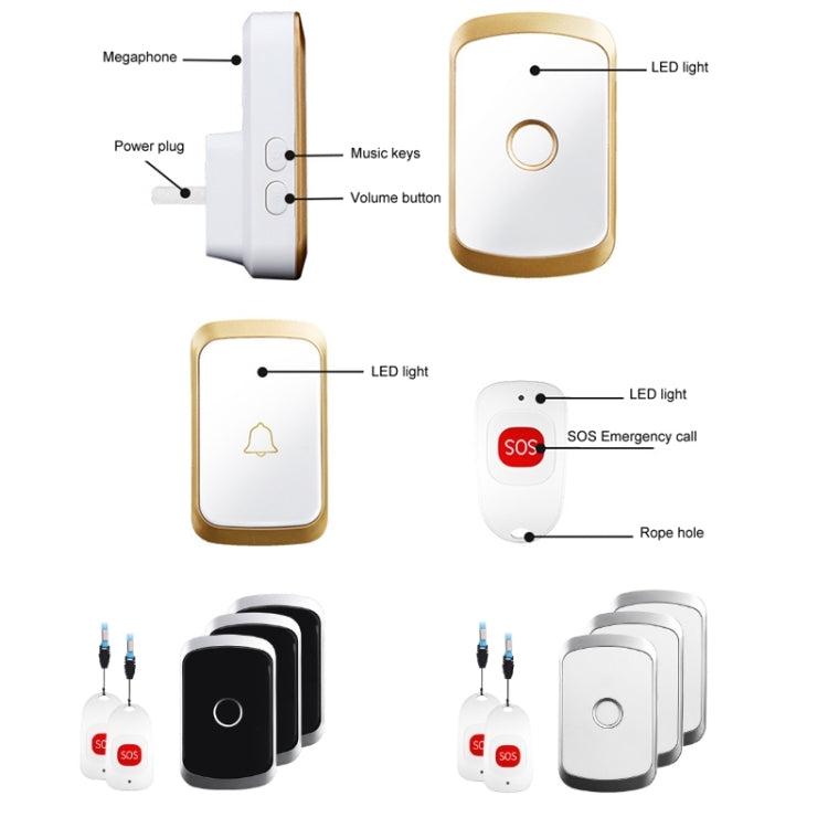 CACAZI C20 Two To Three Wireless Pager For The Elderly Home Care Waterproof Emergency Pager, EU Plug(Gold) - Wireless Doorbell by CACAZI | Online Shopping South Africa | PMC Jewellery | Buy Now Pay Later Mobicred