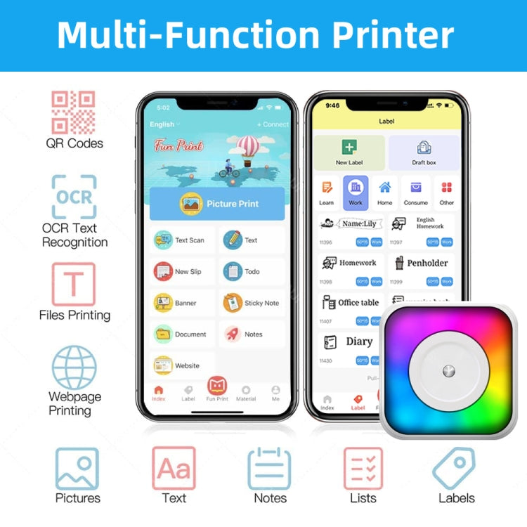 RGB Light Portable Mini Bluetooth Printer Inkless Document Label Printer with 5-Rolls Paper - Printer by PMC TechLife | Online Shopping South Africa | PMC TechLife | Buy Now Pay Later Mobicred