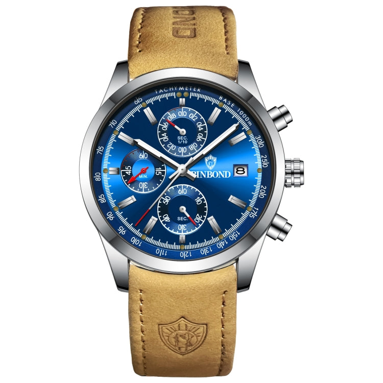 BINBOND B6022 30m Waterproof Luminous Multifunctional Quartz Watch, Color: Leather-White Steel-Blue - Leather Strap Watches by BINBOND | Online Shopping South Africa | PMC Jewellery