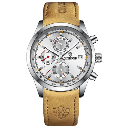 BINBOND B6022 30m Waterproof Luminous Multifunctional Quartz Watch, Color: Leather-White Steel-White - Leather Strap Watches by BINBOND | Online Shopping South Africa | PMC Jewellery