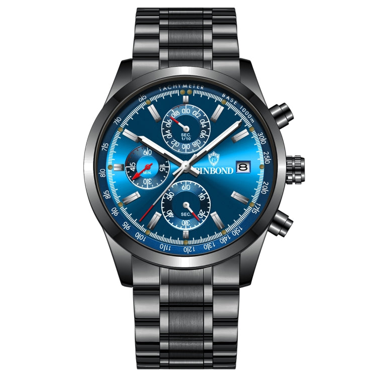 BINBOND B6022 30m Waterproof Luminous Multifunctional Quartz Watch, Color: Black Steel-Blue - Metal Strap Watches by BINBOND | Online Shopping South Africa | PMC Jewellery