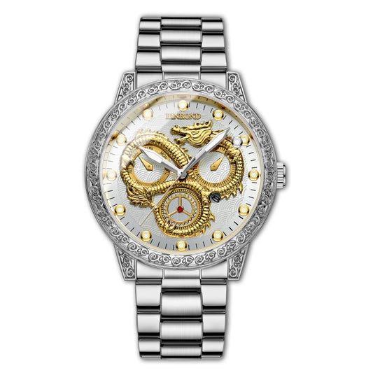 BINBOND B3030 Embossed Dragon Luminous Waterproof Quartz Watch, Color: White Steel-White - Metal Strap Watches by BINBOND | Online Shopping South Africa | PMC Jewellery