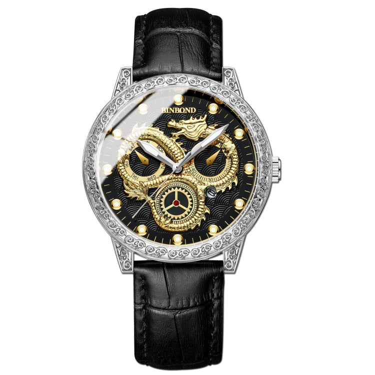 BINBOND B3030 Embossed Dragon Luminous Waterproof Quartz Watch, Color: Black Leather-White Steel-Black - Leather Strap Watches by BINBOND | Online Shopping South Africa | PMC Jewellery