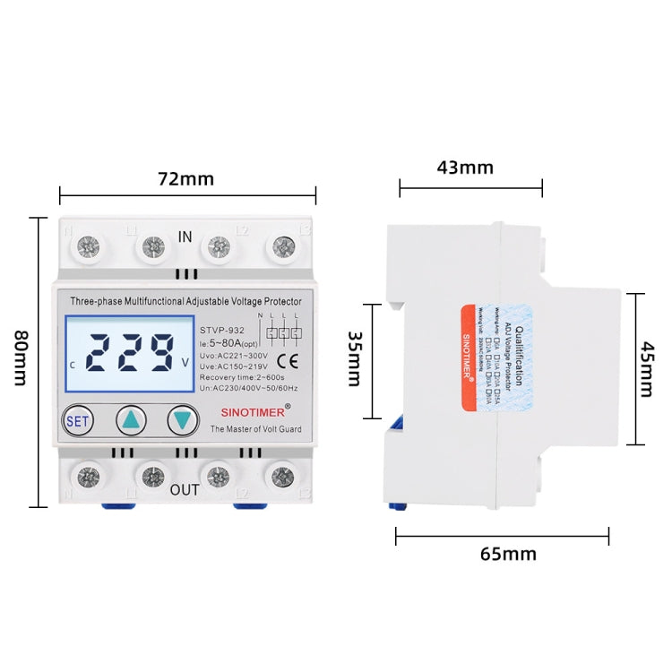 SINOTIMER STVP-932 80A 3-phase 380V LCD Self-resetting Adjustable Surge Voltage Protector - Other Tester Tool by SINOTIMER | Online Shopping South Africa | PMC Jewellery | Buy Now Pay Later Mobicred