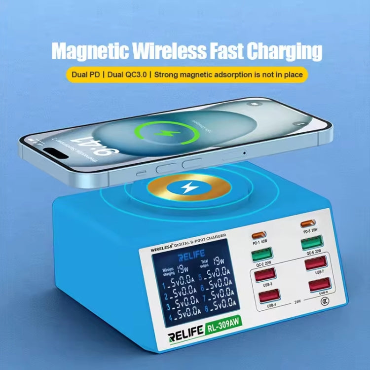 RELIFE RL-309AW  QC3.0 PD Fast Wireless Charger With LCD Display 8 Ports(US Plug) - free shipping - PMC TechLife - Order now!