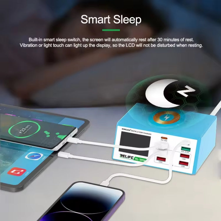 RELIFE RL-309AW  QC3.0 PD Fast Wireless Charger With LCD Display 8 Ports(US Plug) - free shipping - PMC TechLife - Order now!