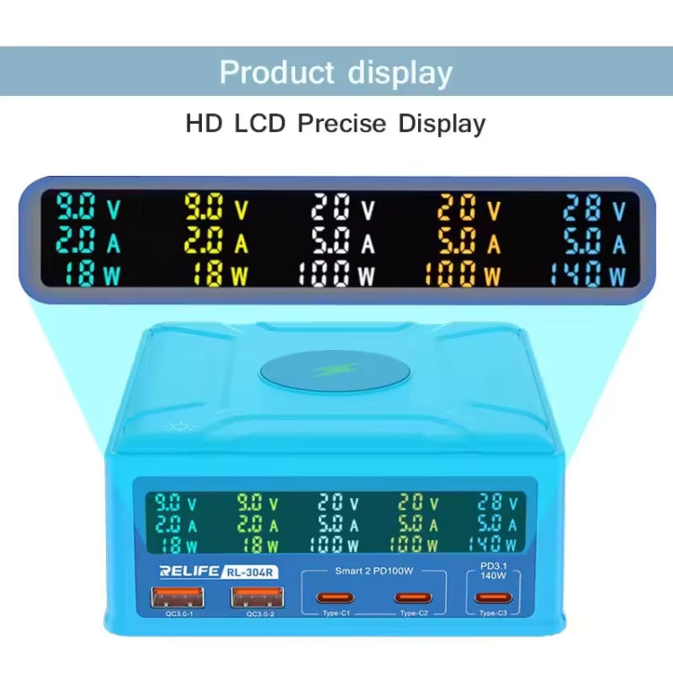 RELIFE RL-304R 5-Port 260W GaN Smart USB Fast Charger With 15W Wireless Chargind LCD Display(EU Plug) - Multifunction Charger by RELIFE | Online Shopping South Africa | PMC Jewellery | Buy Now Pay Later Mobicred