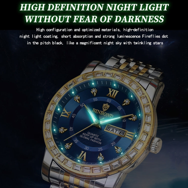 BINBOND B2202 Diamond Dual-calendar Luminous Quartz Watch, Color: Inter-gold-Green - free shipping - PMC TechLife - Order now!