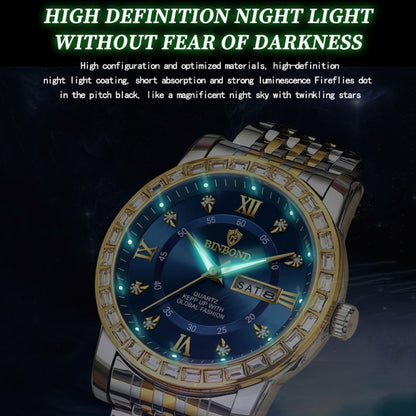 BINBOND B2202 Diamond Dual-calendar Luminous Quartz Watch, Color: Full-gold-Gold - Metal Strap Watches by BINBOND | Online Shopping South Africa | PMC Jewellery | Buy Now Pay Later Mobicred