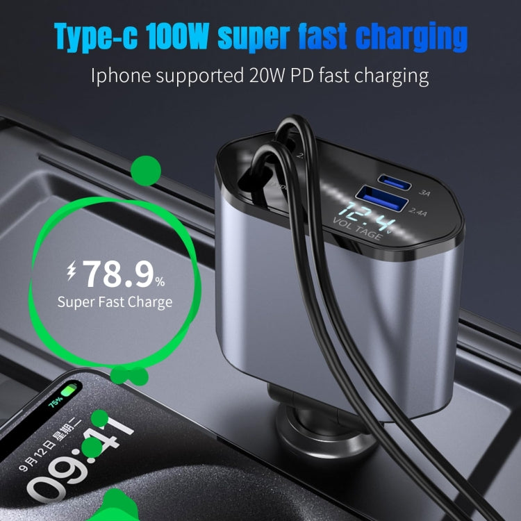 4-In-1 120W Multifunctional USB Retractable Dual-Line Digital Display Car Fast Charger(8 Pin + Type-C) - Car Charger by PMC Jewellery | Online Shopping South Africa | PMC Jewellery | Buy Now Pay Later Mobicred