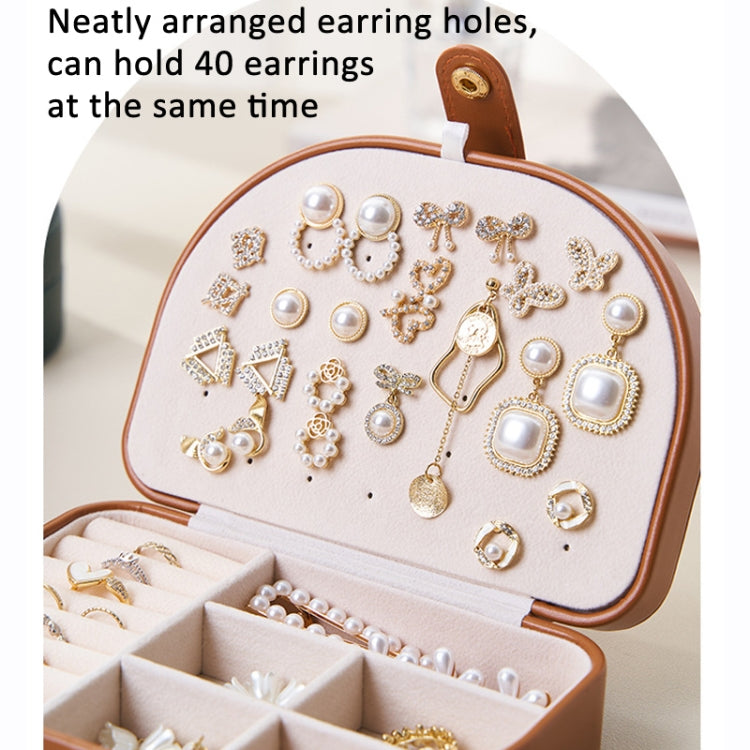 Double Layer PU Jewelry Storage Box Semi-circular Portable Earring Necklace Ring Organizer Box(Brown) - Jewelry Storages by PMC Jewellery | Online Shopping South Africa | PMC Jewellery | Buy Now Pay Later Mobicred