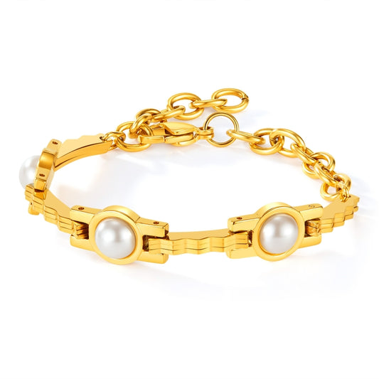 OPK GS1571 Simple Retro Pearl Chain Stainless Steel Gold Plated Bracelet(Gold) - Bracelets by OPK | Online Shopping South Africa | PMC Jewellery | Buy Now Pay Later Mobicred