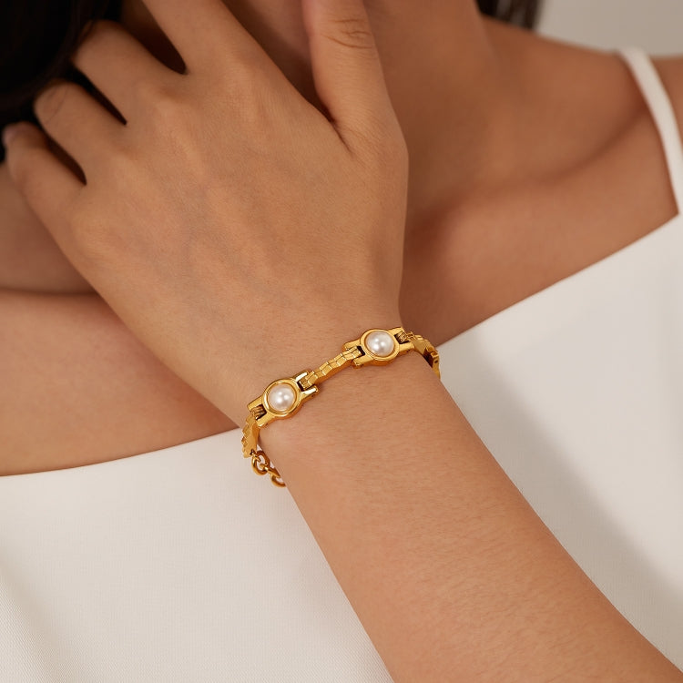 OPK GS1571 Simple Retro Pearl Chain Stainless Steel Gold Plated Bracelet(Gold) - Bracelets by OPK | Online Shopping South Africa | PMC Jewellery | Buy Now Pay Later Mobicred