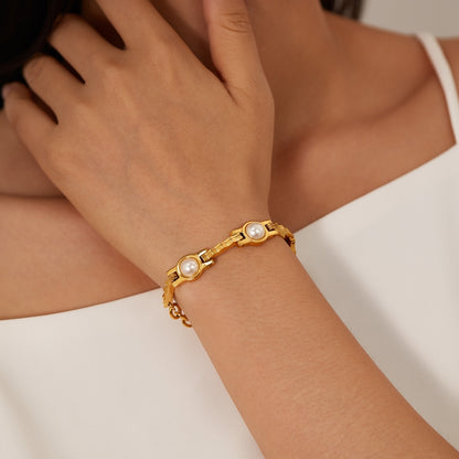 OPK GS1571 Simple Retro Pearl Chain Stainless Steel Gold Plated Bracelet(Gold) - Bracelets by OPK | Online Shopping South Africa | PMC Jewellery | Buy Now Pay Later Mobicred