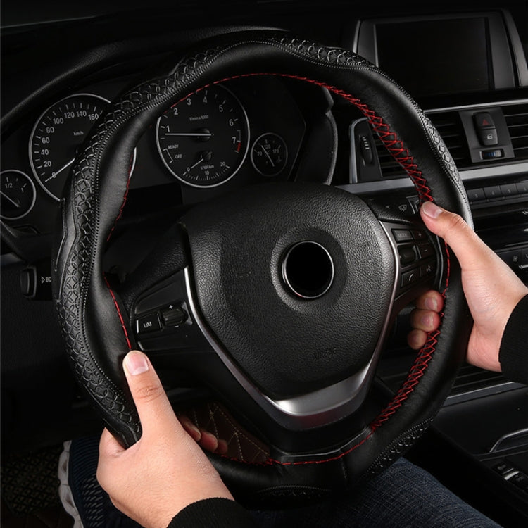 38cm Four-Season Embossed Hand-Sewn Cowhide Steering Wheel Cover(Wine Red) - Steering Wheel Accessories by PMC TechLife | Online Shopping South Africa | PMC TechLife | Buy Now Pay Later Mobicred