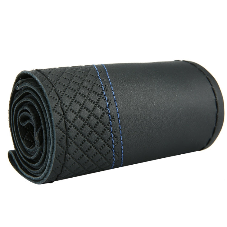 38cm Cowhide Embossed Hand-Stitched Double-Line Steering Wheel Cover(Black Blue Line) - Steering Wheel Accessories by PMC TechLife | Online Shopping South Africa | PMC TechLife | Buy Now Pay Later Mobicred