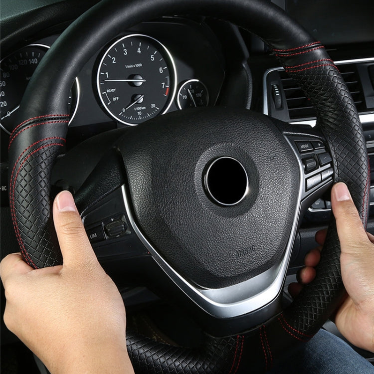 38cm Cowhide Embossed Hand-Stitched Double-Line Steering Wheel Cover(Black White Line) - Steering Wheel Accessories by PMC TechLife | Online Shopping South Africa | PMC TechLife | Buy Now Pay Later Mobicred