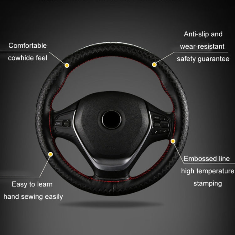 38cm Four-season Embossed Hand-sewn Cowhide Steering Wheel Cover(Black+Black Line) - Steering Wheel Accessories by PMC TechLife | Online Shopping South Africa | PMC TechLife | Buy Now Pay Later Mobicred