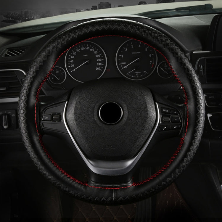 38cm Four-season Embossed Hand-sewn Cowhide Steering Wheel Cover(Black+Black Line) - Steering Wheel Accessories by PMC TechLife | Online Shopping South Africa | PMC TechLife | Buy Now Pay Later Mobicred