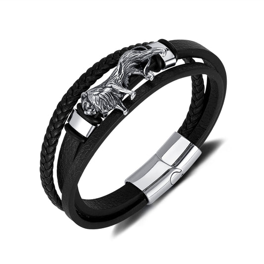 OPK PH1588 Personalized Retro Stainless Steel Lion Accessory Multi-Layer Braided Leather Bracelet - Bracelets by OPK | Online Shopping South Africa | PMC Jewellery | Buy Now Pay Later Mobicred