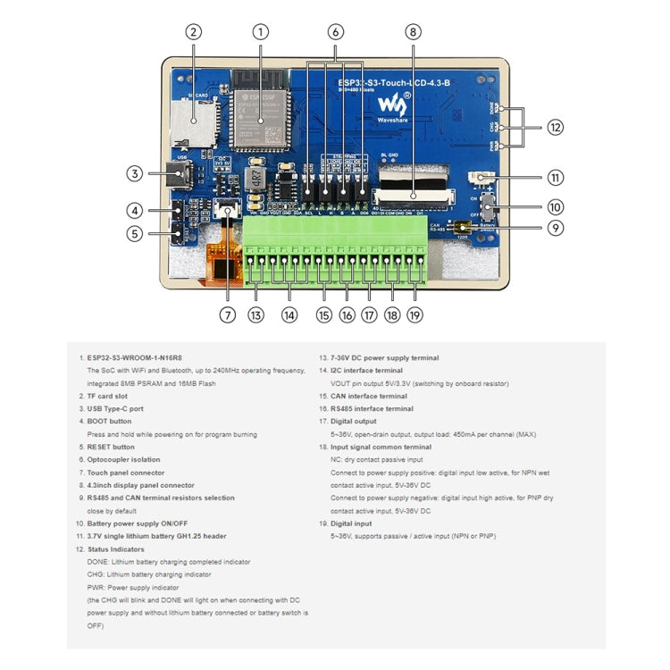 Waveshare ESP32-S3 4.3inch 800×480 Touch LCD Development Board without Case - LCD & LED Display Module by Waveshare | Online Shopping South Africa | PMC Jewellery | Buy Now Pay Later Mobicred