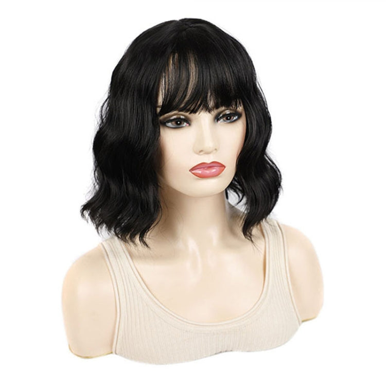 Water Wave Ripple Short Curly Hair With Bangs Fluffy Wig Headcovers, Color: Natural Black - free shipping - PMC TechLife - Order now!