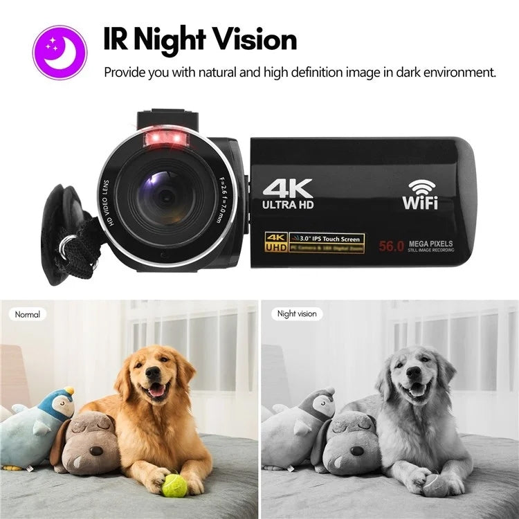 4K  Digital Video Camera 3 Inch IPS Touch Screen 56MP 18X Digital Zoom WiFi Camcorder, Spec: Standard - Video Cameras by PMC TechLife | Online Shopping South Africa | PMC TechLife | Buy Now Pay Later Mobicred