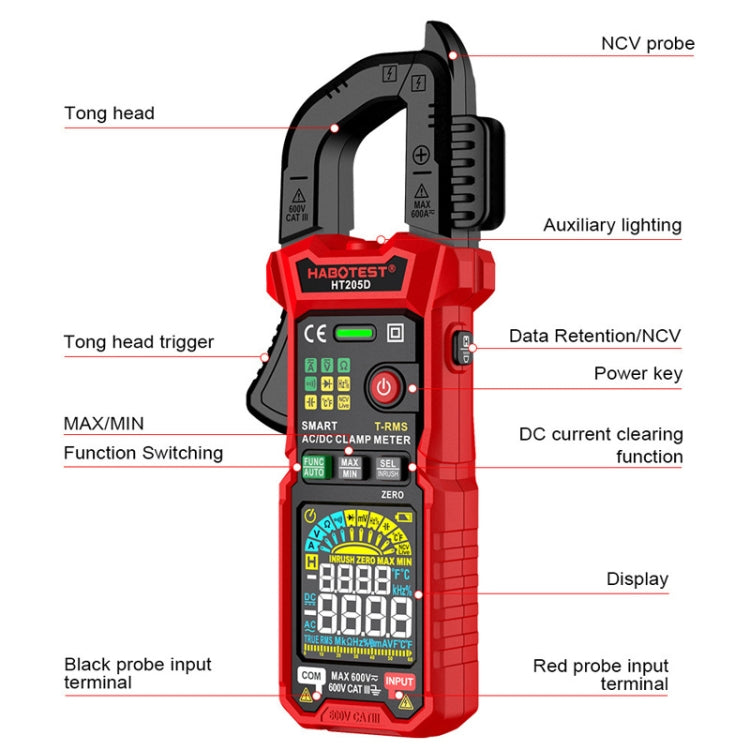 HABOTEST HT205D Clamp Intelligent Anti-Burning Multi-Function High Precision Digital Multimeter(Black Red) - free shipping - PMC TechLife - Order now!
