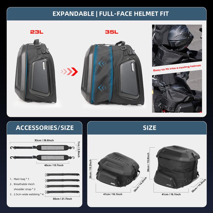 Rhinowalk MT2335 23L-35L Expandable Large-capacity EVA Hard Shell Motorcycle Tail Bag(Matt) - free shipping - PMc TechLife - Order now!
