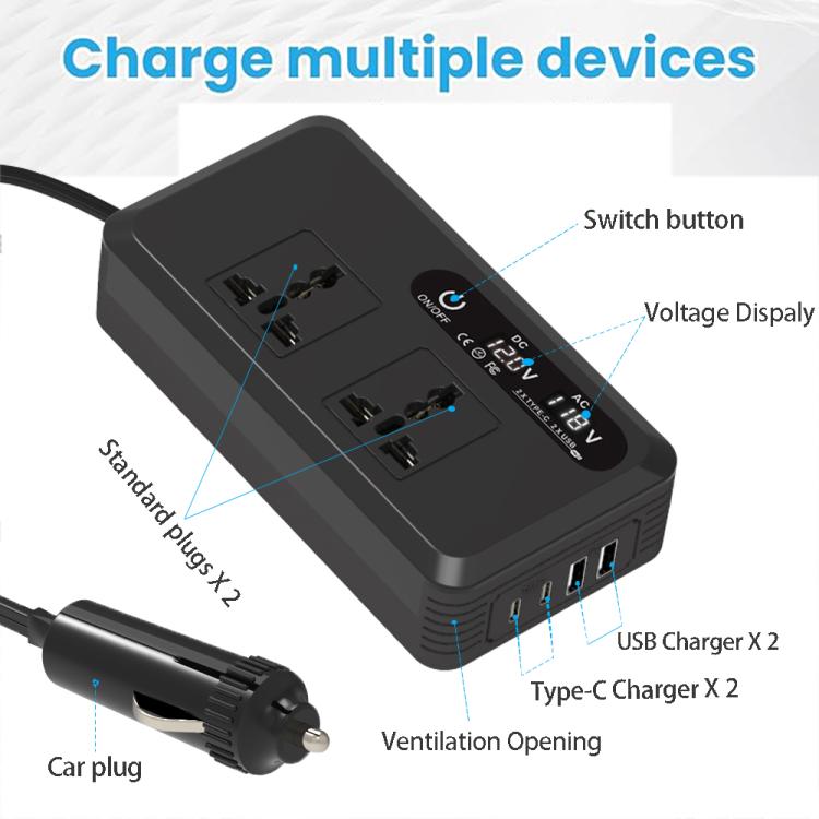 Gurxun Dual Digital Display Car Inverter With 2 USB+2 Type-C Ports Universal Plug 220V - free shipping - PMc TechLife - Order now!