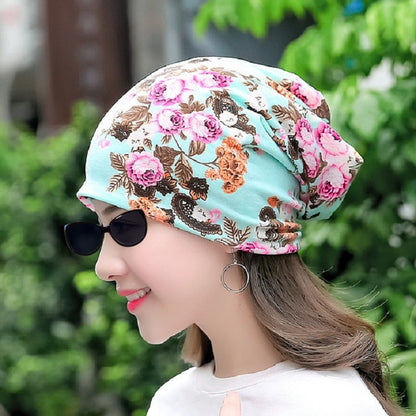 Autumn and Winter Ladies Cotton Flower Print Hat Windproof Warm Beanie, Size:50-60cm(Flower Sky Blue) - Turban by PMC Jewellery | Online Shopping South Africa | PMC Jewellery