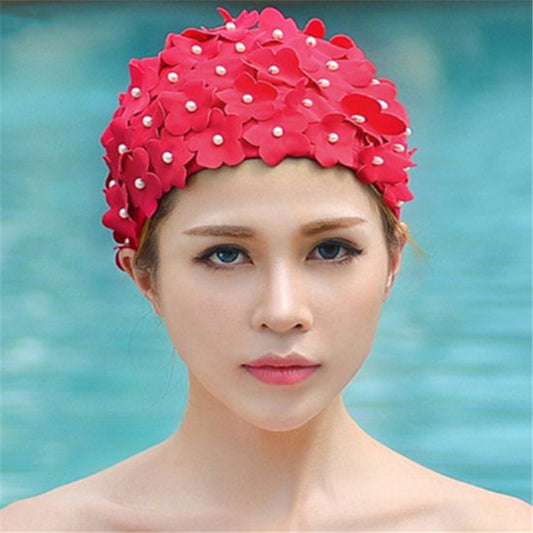 Pearl Three-dimensional Handmade Flower Swimming Cap for Women(Red) - Swimming Caps by PMC Jewellery | Online Shopping South Africa | PMC Jewellery | Buy Now Pay Later Mobicred