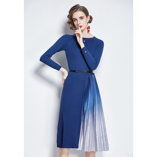 Mid-length Gradient Pleated Stitching Long-sleeved Knitted Dress (Color:Blue Size:XXL) - Dress by PMC Jewellery | Online Shopping South Africa | PMC Jewellery