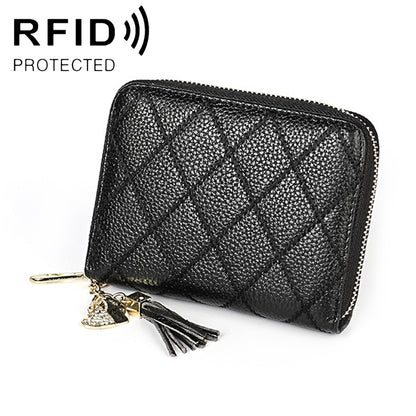 KB213 Diamond Texture Zipper Cowhide Leather Double Row Organ Shape Multiple Card Slots Anti-magnetic RFID Wallet Clutch Bag for Ladies (Black) - Antimagnetic RFID Package by PMC Jewellery | Online Shopping South Africa | PMC Jewellery | Buy Now Pay Later Mobicred