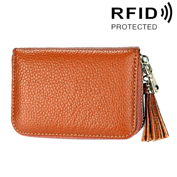 Genuine Cowhide Leather Solid Color Zipper Card Holder Wallet RFID Blocking Card Bag Protect Case Coin Purse with Tassel Pendant & 15 Card Slots for Women, Size: 11.1*7.6*3.5cm(Brown) - Antimagnetic RFID Package by PMC Jewellery | Online Shopping South Africa | PMC Jewellery | Buy Now Pay Later Mobicred