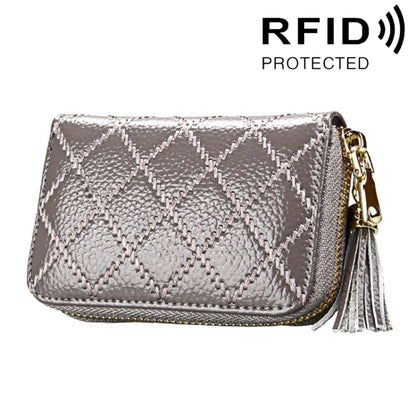 Genuine Cowhide Leather Grid Texture Zipper Card Holder Wallet RFID Blocking Card Bag Protect Case Coin Purse with Tassel Pendant & 15 Card Slots for Women, Size: 11.1*7.9*3.5cm(Grey) - Antimagnetic RFID Package by PMC Jewellery | Online Shopping South Africa | PMC Jewellery | Buy Now Pay Later Mobicred