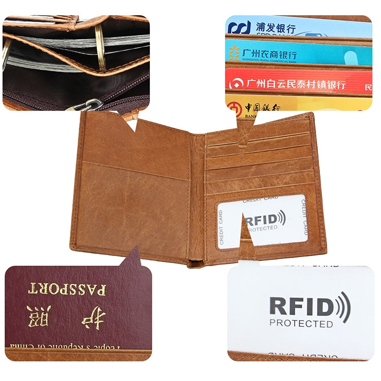 8235 Antimagnetic RFID Multi-function Crazy Horse Texture Leather Wallet Passport Bag(Yellowish-brown) - free shipping - PMC TechLife - Order now!