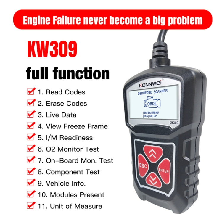 KONNWEI KW309 V309 V310 MS309 Code Reader OBD2 Scanner Diagnostic Tool(Black) - Code Readers & Scan Tools by KONNWEI | Online Shopping South Africa | PMC TechLife | Buy Now Pay Later Mobicred