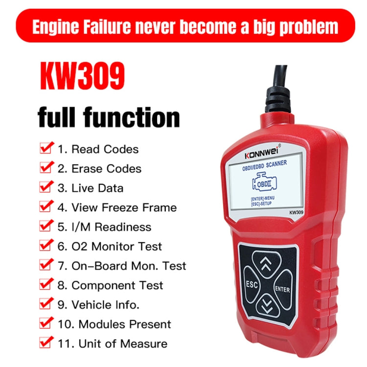 KONNWEI KW309 V309 V310 MS309 Code Reader OBD2 Scanner Diagnostic Tool(Red) - free shipping - PMC TechLife - Order now!