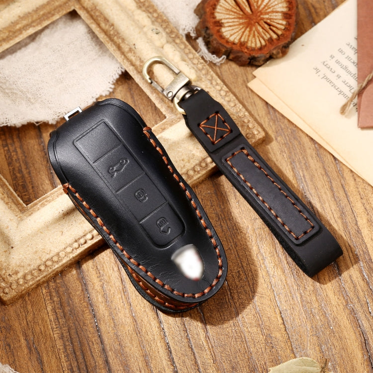 Hallmo Car Cowhide Leather Key Protective Cover Key Case for Porsche Macan 718 2021 A Style(Black) - Car Key Cases by Hallmo | Online Shopping South Africa | PMC TechLife | Buy Now Pay Later Mobicred