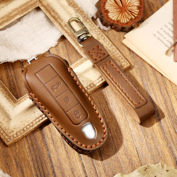 Hallmo Car Cowhide Leather Key Protective Cover Key Case for Porsche Macan 718 2021 A Style(Brown) - Car Key Cases by Hallmo | Online Shopping South Africa | PMC TechLife | Buy Now Pay Later Mobicred