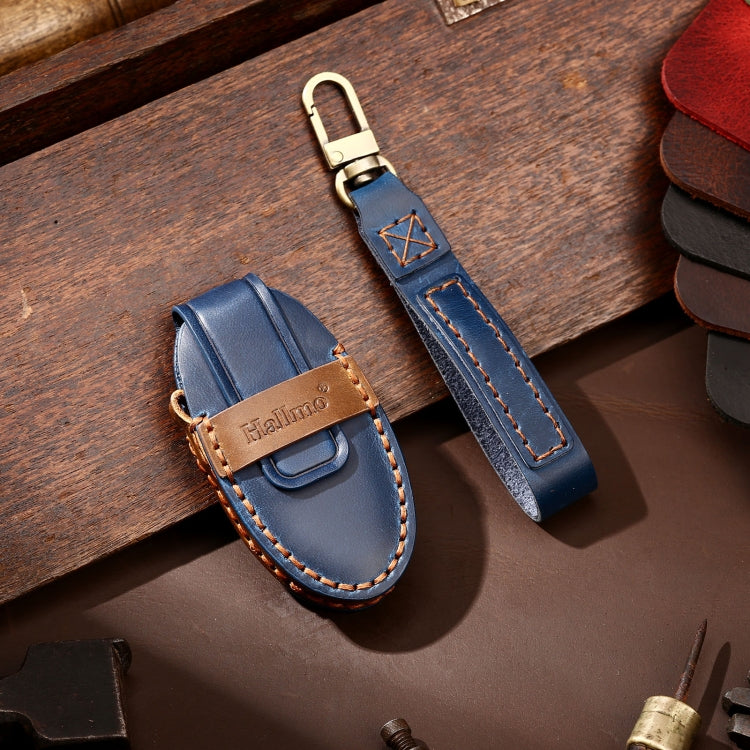Hallmo Car Cowhide Leather Key Protective Cover Key Case for Nissan Sylphy 3-button Horn(Blue) - Car Key Cases by Hallmo | Online Shopping South Africa | PMC TechLife | Buy Now Pay Later Mobicred