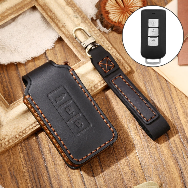 Hallmo Car Cowhide Leather Key Protective Cover Key Case for Mitsubishi Outlander(Black) - Car Key Cases by Hallmo | Online Shopping South Africa | PMC TechLife | Buy Now Pay Later Mobicred