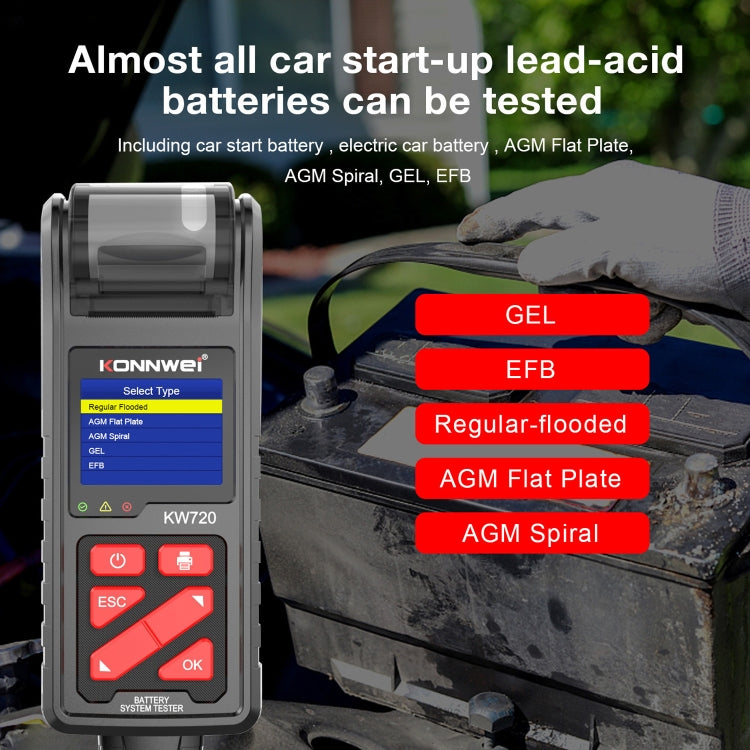 KONNWEI KW720 Car 3.2 inch 6V-24V Lead-acid Battery Tester with Printer - free shipping - PMC TechLife - Order now!