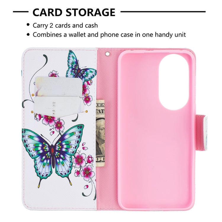 For Huawei P50 Colored Drawing Pattern Horizontal Flip Leather Case with Holder & Card Slots & Wallet(Peach Blossom Butterfly) - free shipping - PMC TechLife - Order now!